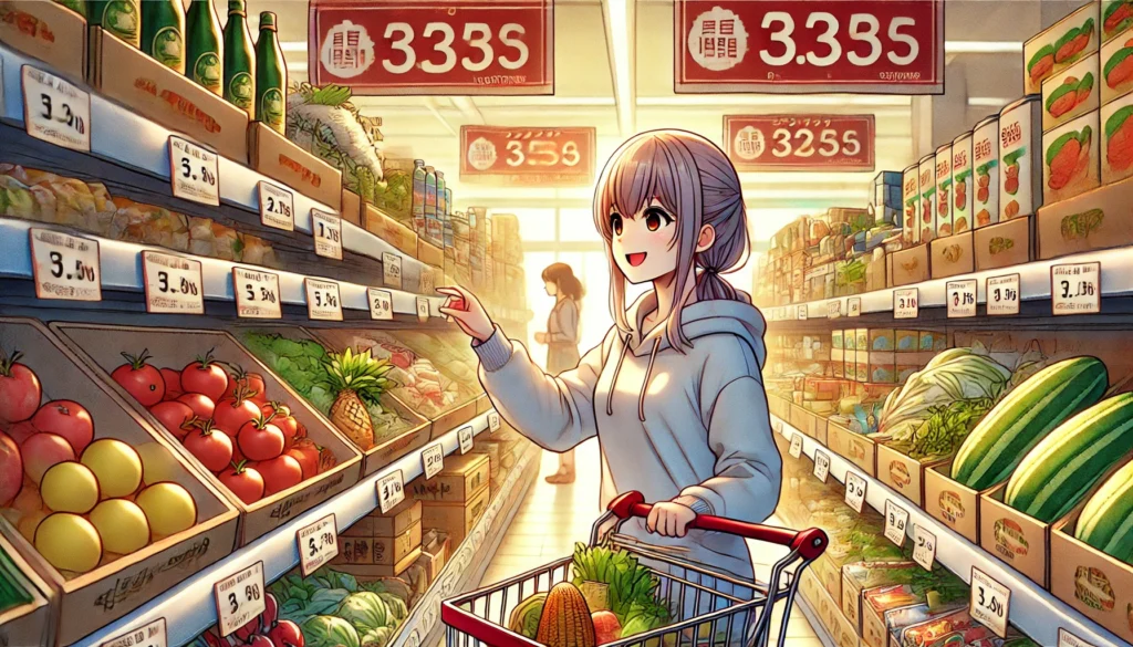 A detailed anime-style illustration of a Tokyo supermarket, showcasing fresh produce, discount signs, and a cheerful shopper reaching for a budget-friendly item. The setting reflects the affordability and variety of shopping options in Japan.