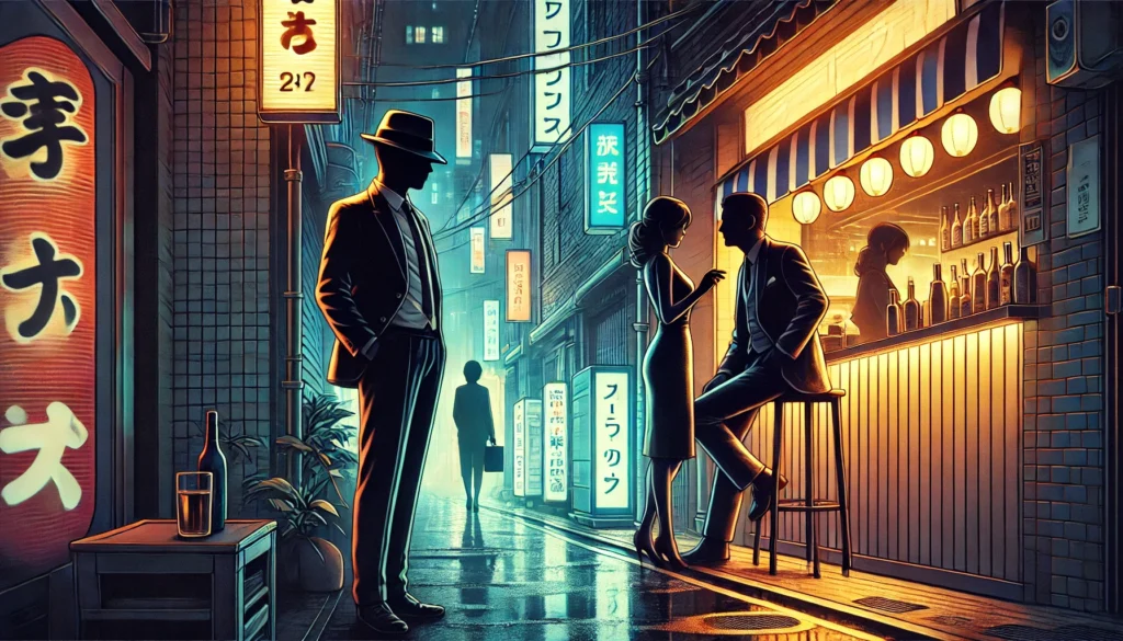 An anime-style illustration of a dimly lit Tokyo alleyway with a salaryman and a woman discreetly meeting near a neon-lit bar, surrounded by city lights and izakaya lanterns.