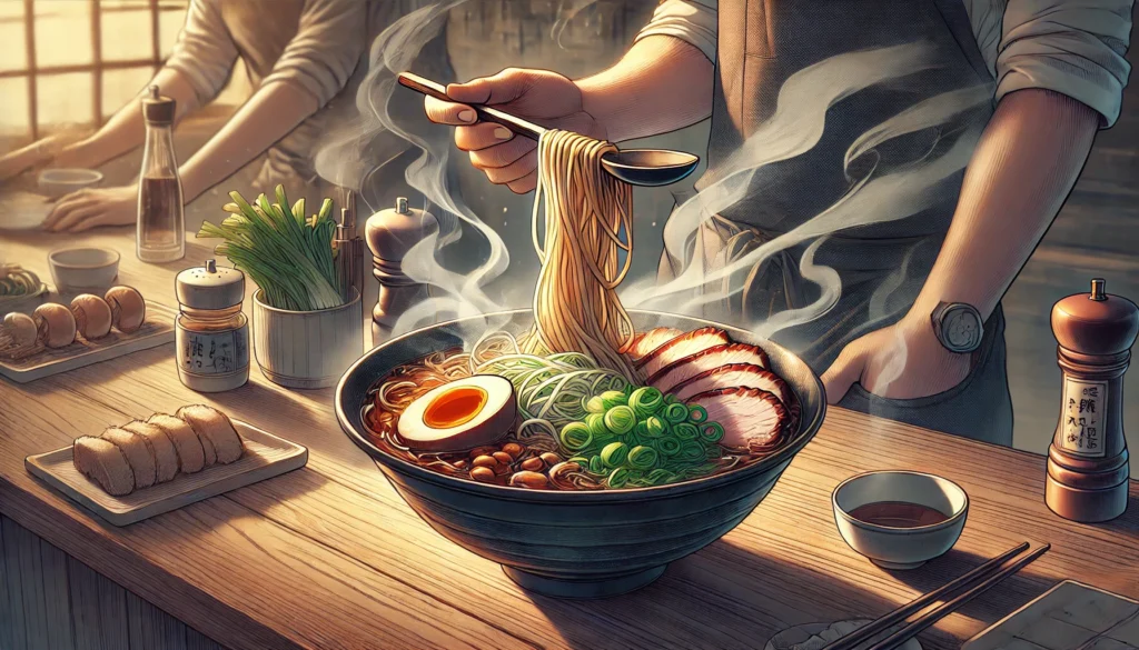 A steaming bowl of famous Japanese ramen with deep broth, noodles, pork slices, green onions, and a soft-boiled egg, with a chef’s hand in the background.