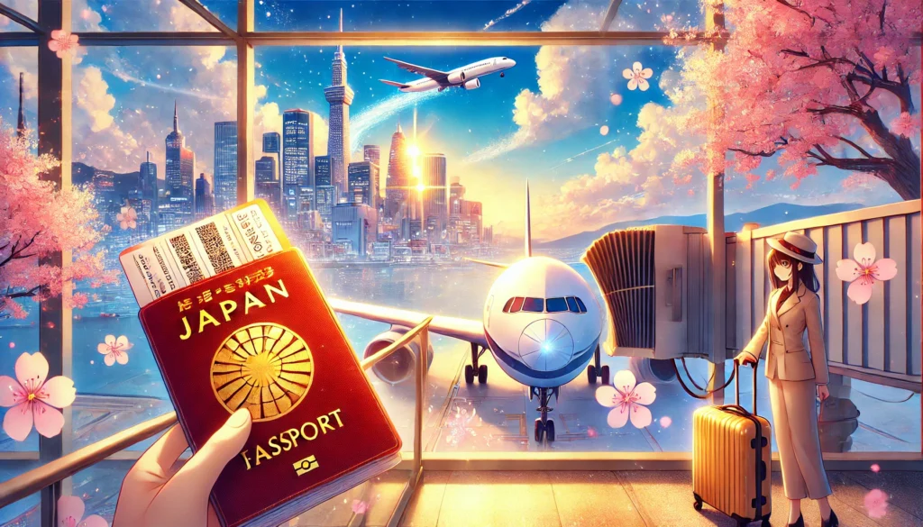 A dynamic anime-style illustration of a traveler boarding a plane with a glowing ticket, symbolizing free flights to Japan. The backdrop transitions from Tokyo’s skyline to serene cherry blossoms, highlighting the essence of travel.