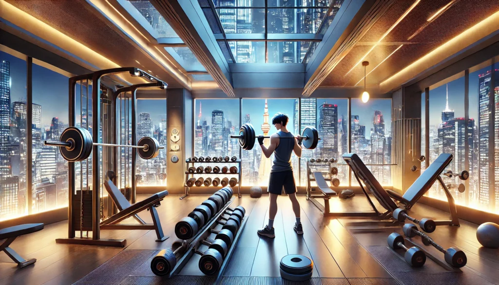 A futuristic gym in Tokyo with advanced fitness equipment, large windows showing a neon city skyline, and an athlete lifting weights in the foreground. The scene represents the energy and commitment of Gold’s Gym Japan.