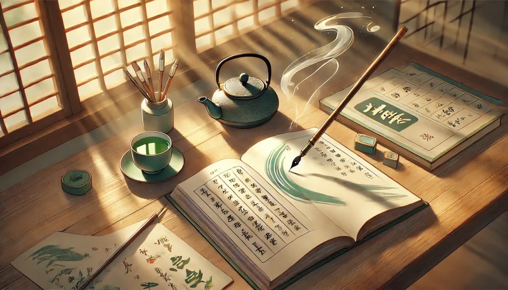 A cozy study desk with a Japanese practice book displaying hiragana stroke order guides. A brush pen is mid-air, completing a perfect stroke. A cup of green tea and traditional ink set create a peaceful, focused learning atmosphere.