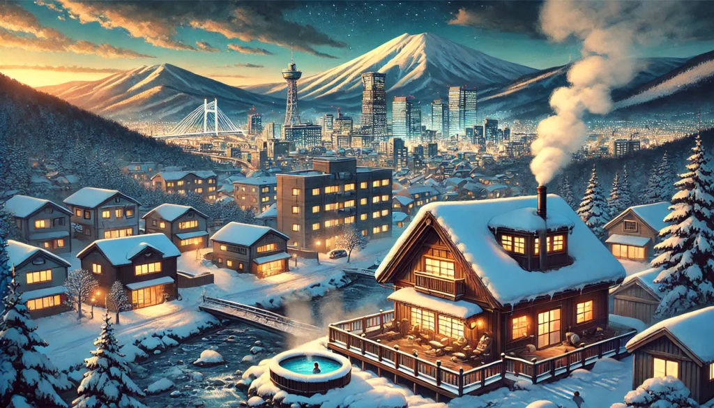 A beautifully detailed anime-style illustration comparing Hokkaido cost of living. The image contrasts Sapporo’s vibrant winter skyline with a serene rural village featuring a hot spring, highlighting the region’s balance between city convenience and tranquil nature.