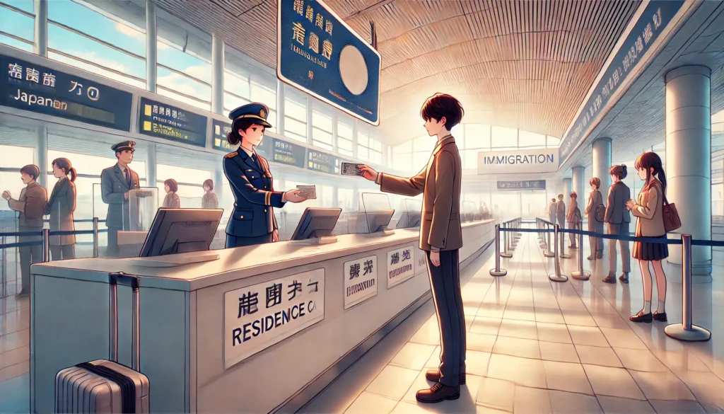 A foreign resident at a Japanese immigration counter, receiving their residence card from an officer. The setting features a modern airport with bright lighting, clean signage, and a mix of excitement and formality, symbolizing the start of a new journey in Japan.