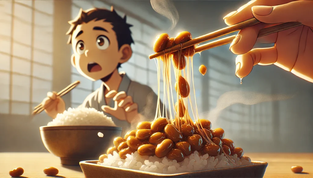 A close-up of chopsticks pulling sticky natto, with strands stretching between the soybeans. A first-time taster watches in curiosity, while a bowl of steaming rice sits nearby. The image highlights the texture and cultural experience of eating natto in Japan.