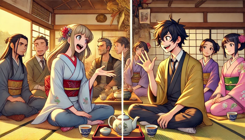 A side-by-side illustration of Japanese and Western emotional expressions. The Western side features an animated conversation with open gestures, while the Japanese side depicts a quiet tea ceremony where emotions are conveyed subtly through body language and facial expressions.