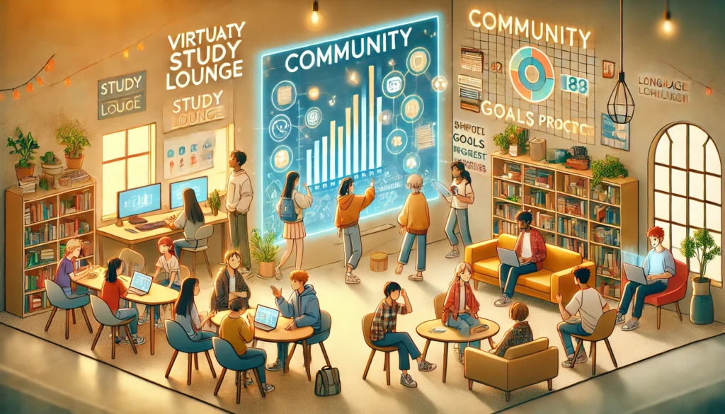 A detailed anime-style illustration of a Japanese online community; The Wakoku Dojo. A digital bulletin board highlights progress and goals, while video screens, chat messages, and bookshelves reinforce the collaborative spirit of online language learning.