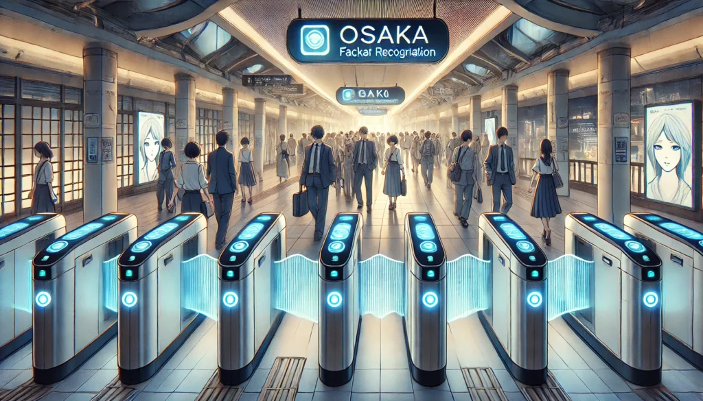 A futuristic Osaka Metro station with glowing ticket gates and facial recognition scanners authenticating commuters' identities.