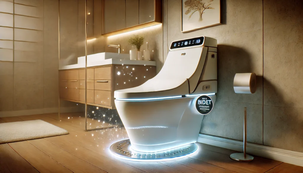 A high-tech Japanese toilet in a modern bathroom, glowing with advanced features like automatic lid opening, bidet options, and a mist-cleaning system. The scene highlights Japan's cutting-edge restroom technology and sleek design.