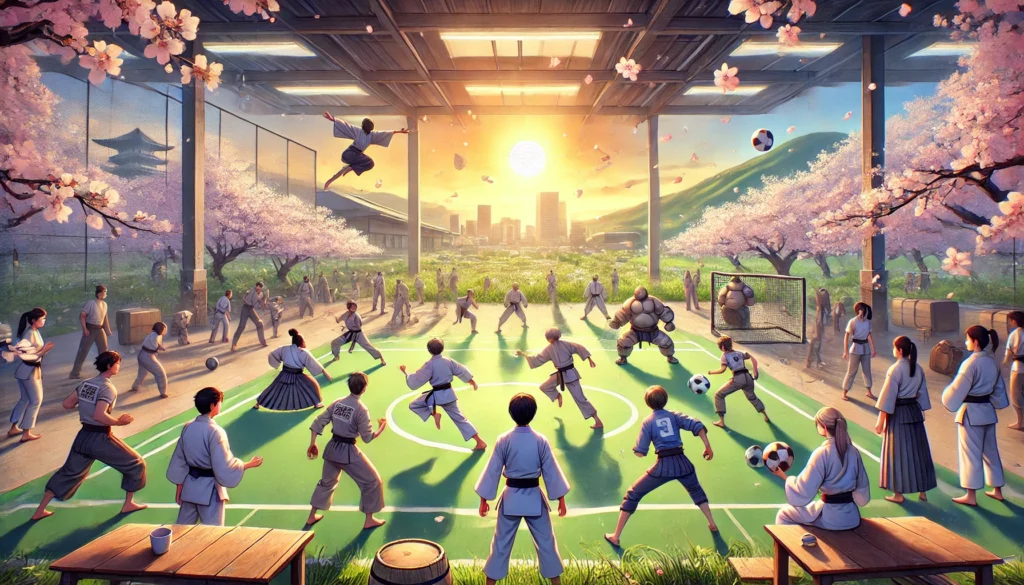 An anime-style training ground at sunrise showcasing sports in Japanese, with athletes practicing karate, sumo, soccer, and baseball under drifting cherry blossoms.