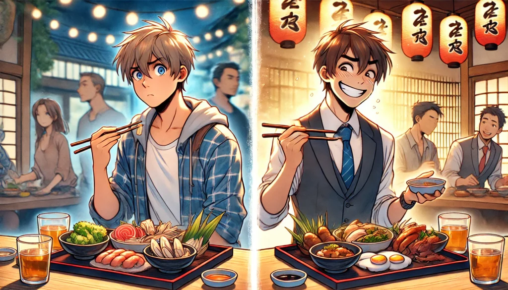 A side-by-side illustration of a foreign traveler hesitating before eating exotic Japanese food, while a local enjoys the same dishes with ease. The scene is set in a vibrant izakaya, highlighting cultural differences in food perception.