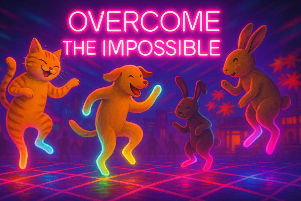 Explore the meaning of “Beat da Koto Nai” with this surreal dance floor illustration, where glowing, human-like pets defy gravity in an explosion of energy and expression. The phrase captures awe, disbelief, and freedom—perfect for understanding unique Japanese expressions of the impossible.