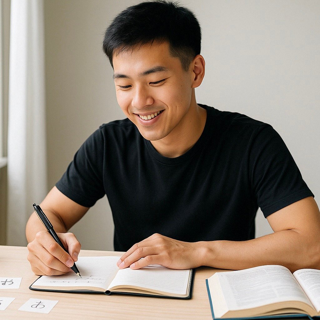 Motivated learner studying for the JLPT N5 at home with Japanese flashcards and a notebook, learning Japanese online with Wakoku