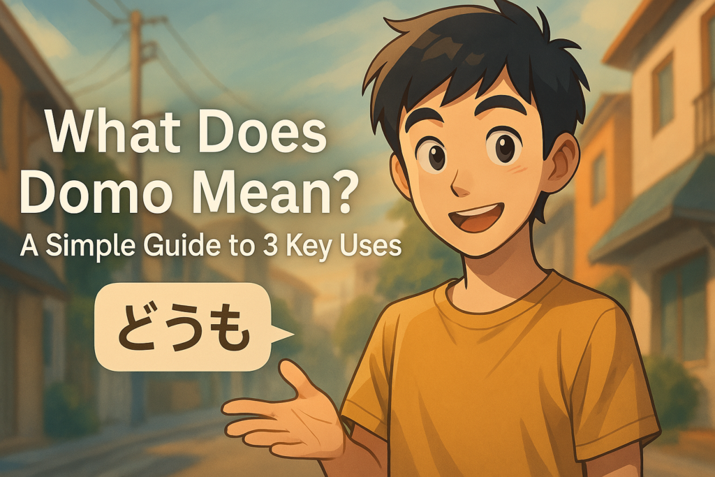 Explore the meaning of "Domo" in this vibrant Japanese street scene illustration. Depicting casual interactions and polite exchanges, the artwork highlights the various nuances of "Domo" used in everyday conversations. Perfect for understanding Japanese language and culture.