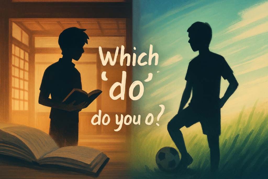 Explore the nuanced difference between “Yaru” and “Suru” in Japanese with this stylized dojo showdown. A silhouette with a book and another with a soccer ball face off, symbolizing mental focus versus physical action—perfect for mastering how to choose the right verb in Japanese.