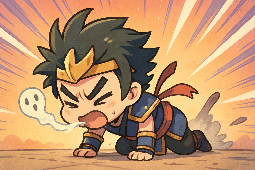 This playful anime-style illustration captures anime emotions through a chibi warrior’s dramatic collapse, featuring a tiny ghost rising from their mouth, speed lines slicing the pastel sky, and chaotic humor bursting with over-the-top expression.