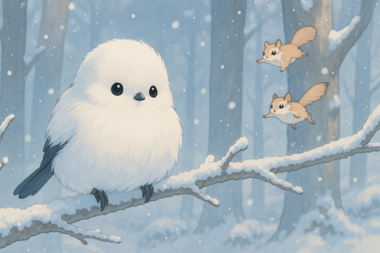 This heartwarming winter scene features cute Japanese animals, including a fluffy white bird and gliding squirrels, nestled in a serene forest filled with snow and soft light—perfect for nature and kawaii lovers alike.