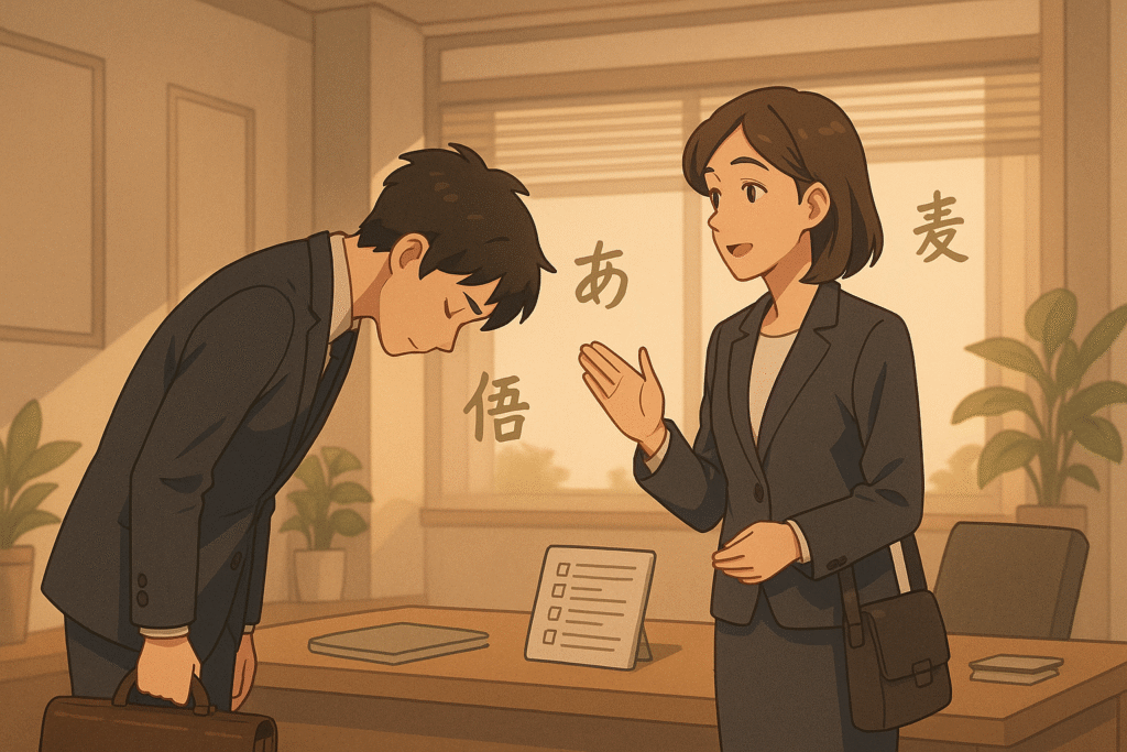 This anime-style illustration captures the difference between "douzo yoroshiku vs hajimemashite" during a formal business introduction in Japan, highlighting cultural respect, politeness, and the art of first impressions.