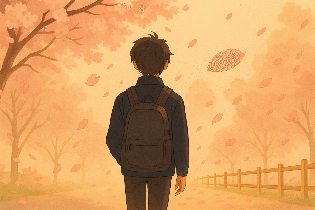 This emotional anime-style scene captures the feeling behind "how do you say I hate you in Japanese"—a quiet walk away under falling cherry blossoms, blending beauty with subtle rejection.
