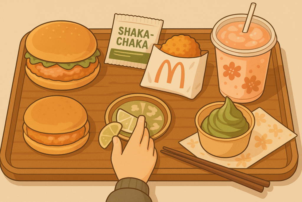 Explore the Japan McDonald's menu with this stylish flat lay featuring a shrimp burger, shaka-shaka chicken, matcha dessert, and sakura drink—capturing the unique charm of Japan-only fast food items.