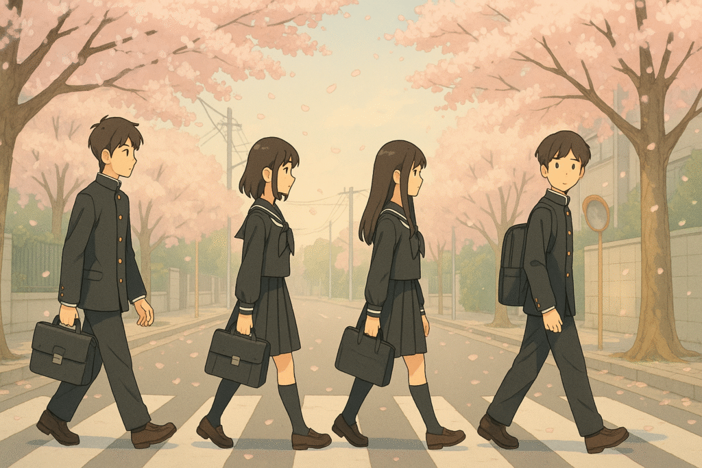 This peaceful scene showcases Japanese school uniforms in real life—students in crisp black jackets and pleated skirts crossing a quiet street during sakura season, reflecting discipline, unity, and everyday grace.
