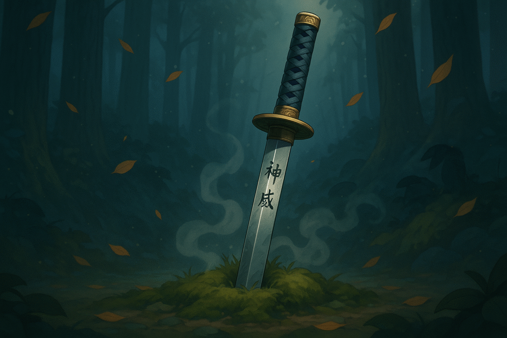 Discover the mystique of Japanese sword names through this ethereal scene of a lone katana resting in mossy forest soil, its engraved kanji glowing under moonlight and swirling mist—echoing power and ancient legend.