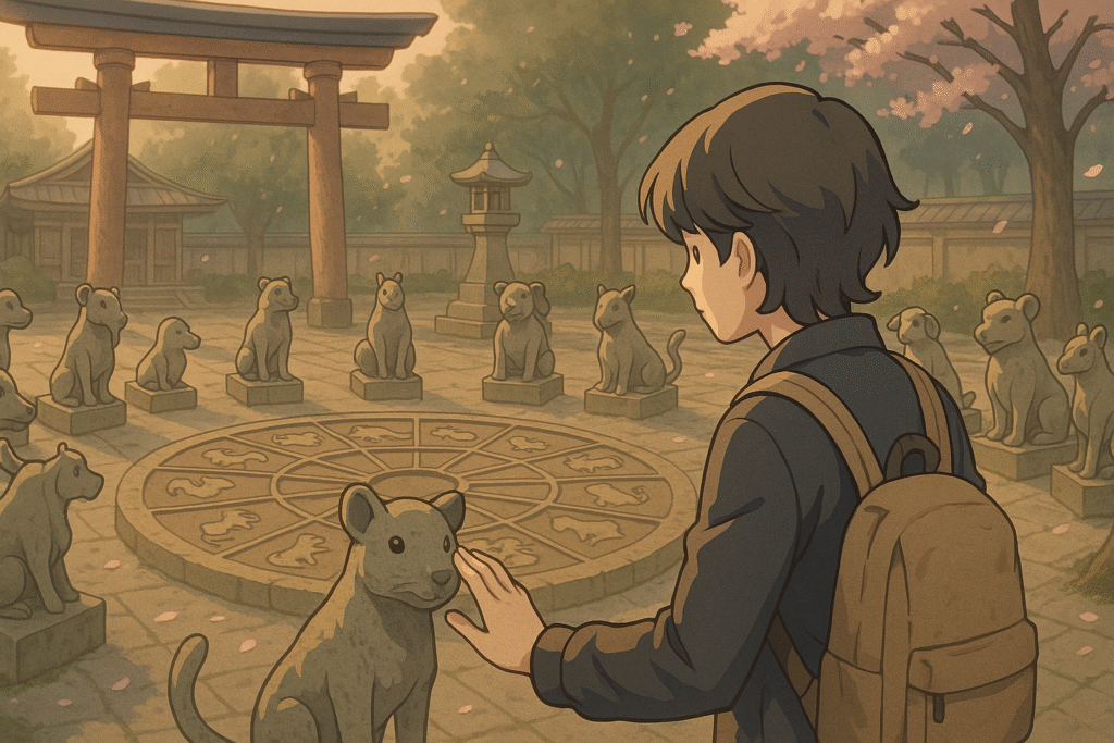 Step into the world of the Japanese zodiac calculator with this serene scene of a traveler connecting with their birth sign in a Kyoto shrine courtyard, surrounded by the twelve animal statues of the zodiac.