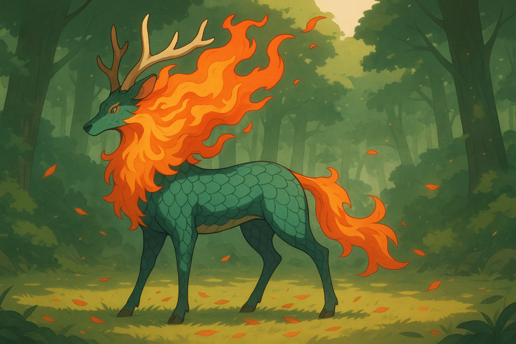 Discover the mythical kirin Japanese in this serene forest scene—an elegant creature with dragon scales and a fiery mane, radiating divine peace and power.