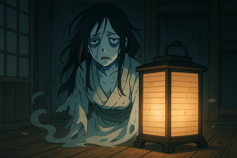 This eerie depiction of Oiwa captures her ghostly form rising from a lantern in an Edo-period room—her torn kimono and sorrowful gaze reflect the betrayal and grief that made her a timeless icon of Japanese horror.