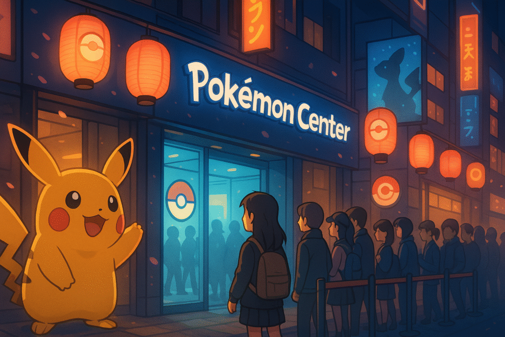 Discover one of the top Pokémon attractions in Japan with this vibrant scene of a life-sized Pikachu welcoming fans outside a glowing Pokémon Center in Tokyo—complete with lanterns, neon lights, and excited visitors.