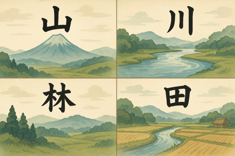 Explore the beauty behind popular Japanese last names with this serene collage of mountains, rivers, forests, and rice fields—each paired with a kanji character representing a nature-based surname.