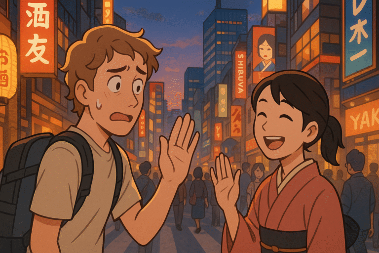 Experience the warmth of saying hi in Japanese as a nervous traveler and a smiling local connect in the lively streets of Shibuya—where tradition meets modern city life in one heartfelt gesture.