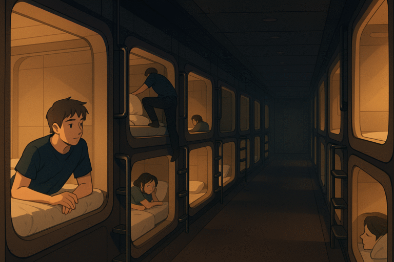 Discover the unique experience of sleeping in Japan with this cozy capsule hotel scene—travelers unwind in sleek pods under warm lighting, blending modern design with tranquil city living.