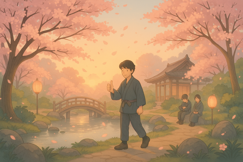 This tranquil Japanese garden at sunrise captures the essence of spring in Japanese culture—cherry blossoms, gentle breezes, and soft sunlight, reflecting a timeless celebration of renewal and poetic beauty.