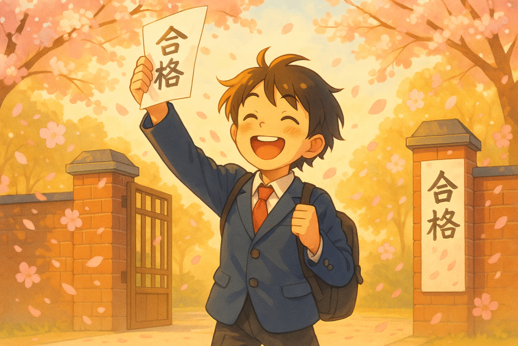 This anime-style scene beautifully captures the "ureshii meaning"—a young student radiates happiness after passing his exam, surrounded by cherry blossoms and sunlight, reflecting true emotional joy in Japanese culture.