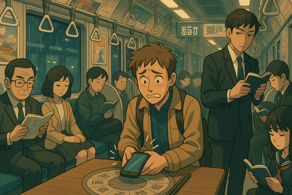 Learn what not to do in Japan with this subway scene where a flustered traveler scrambles to silence a ringing phone—capturing the quiet etiquette expected in Japanese public transport.