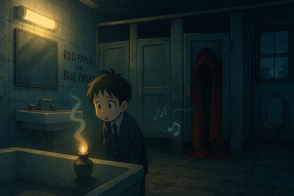 This eerie anime-style illustration brings the Aka Manto story to life, set in a dimly lit school bathroom where a crimson-cloaked figure lurks in the fourth stall, whispering the chilling question: “Red paper or blue paper?”—a haunting nod to Japanese urban legend.