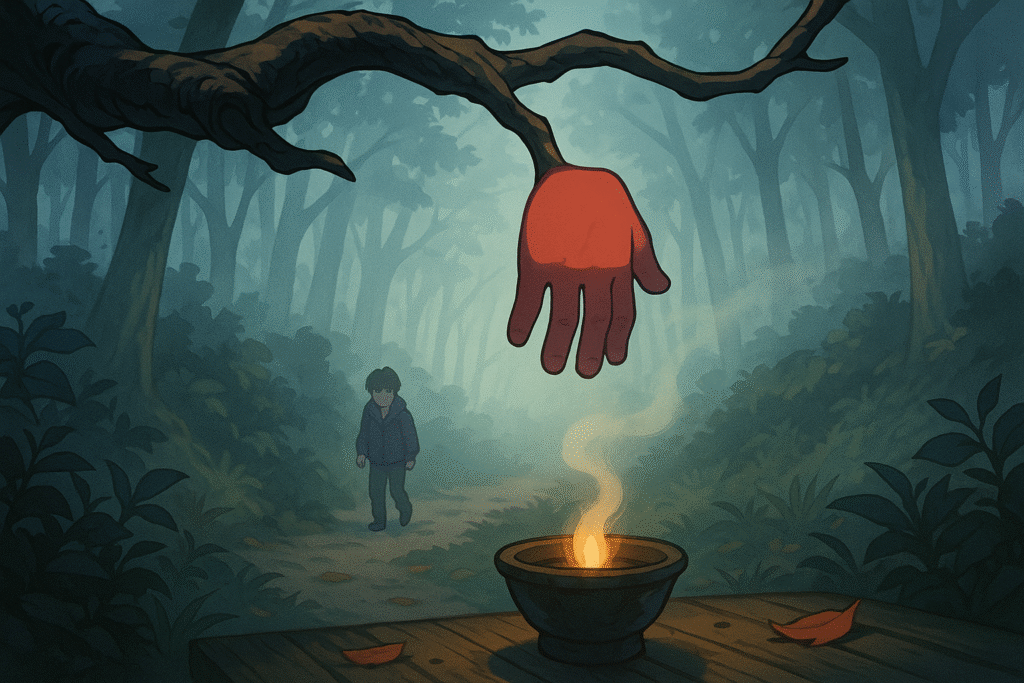 This haunting anime-style illustration brings the Akateko to life—a crimson child’s hand sways from a twisted tree branch above a misty forest path, as a lone figure unknowingly approaches beneath the eerie silence of this chilling Japanese yokai tale.