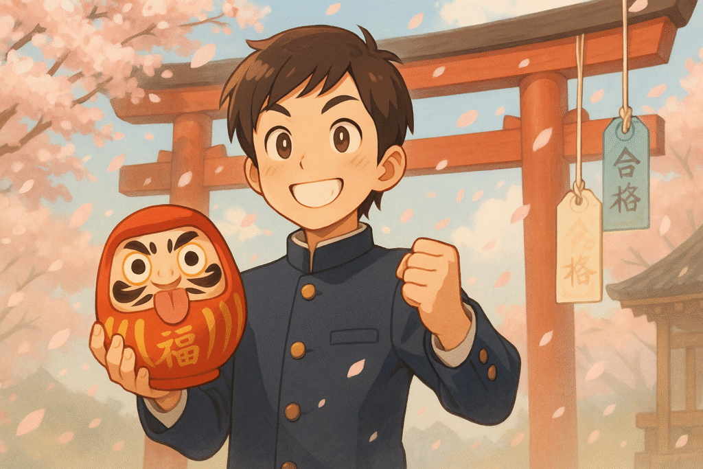 This uplifting anime-style illustration captures the spirit of Japanese good luck, with a smiling student holding a Daruma doll beneath falling cherry blossoms, flanked by swaying omamori charms and a red shrine gate glowing in spring sunlight.