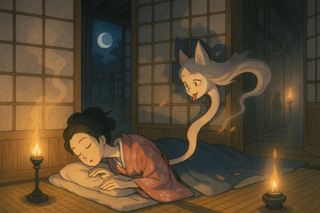 This atmospheric anime-style illustration visualizes the legend of the Rokurokubi, as a sleeping woman’s neck stretches ghostlike through a paper wall into a moonlit corridor—capturing the eerie elegance of this iconic Japanese yokai.