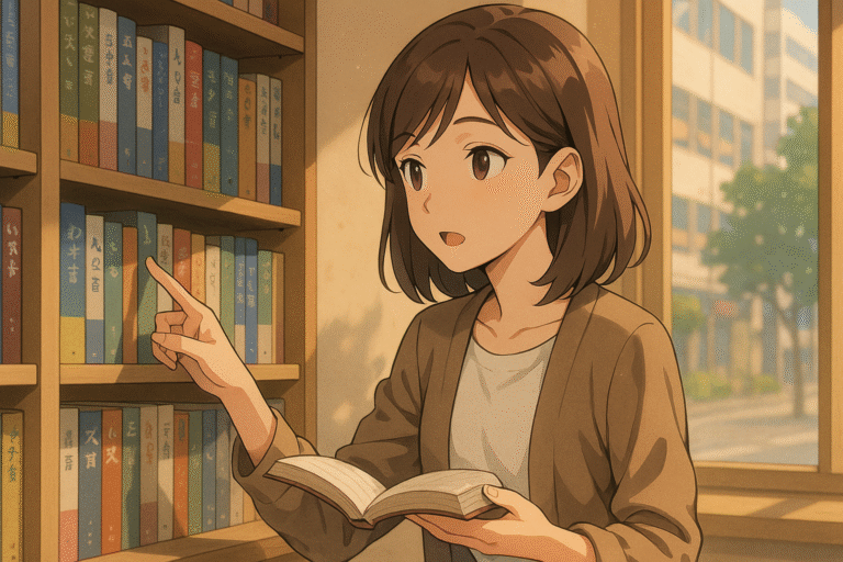 Learn the use of the 'ha particle' in Japanese with this peaceful anime-style illustration of a girl pausing mid-sentence in a Tokyo bookstore, highlighting the subtle weight of topic markers in conversation.
