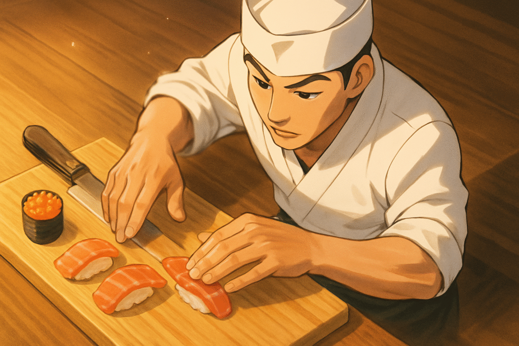 Explore the meaning of 'hand in Japanese' through this elegant anime-style scene of a sushi chef mid-motion, where precision and tradition flow through every movement of his hands.