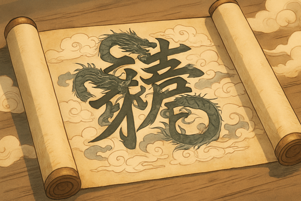Discover the artistry of Japan’s hardest kanji to write in this captivating anime-style illustration, where intertwining dragons and clouds reveal the complex strokes of the character on an ancient scroll.