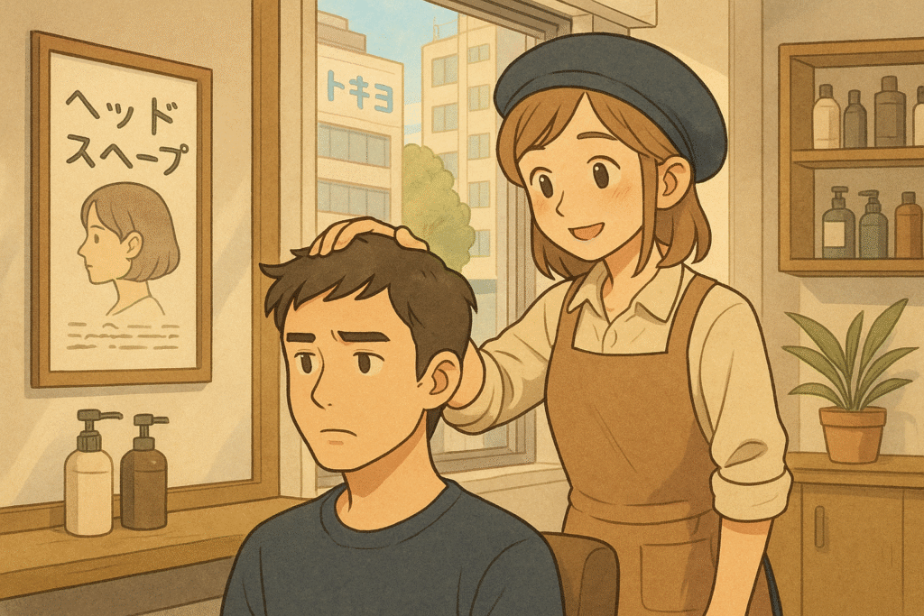 Discover the meaning of 'head in Japanese' through this modern anime-style illustration of a Tokyo salon, where a stylist gently examines a customer's head shape with cultural nuance and detail.