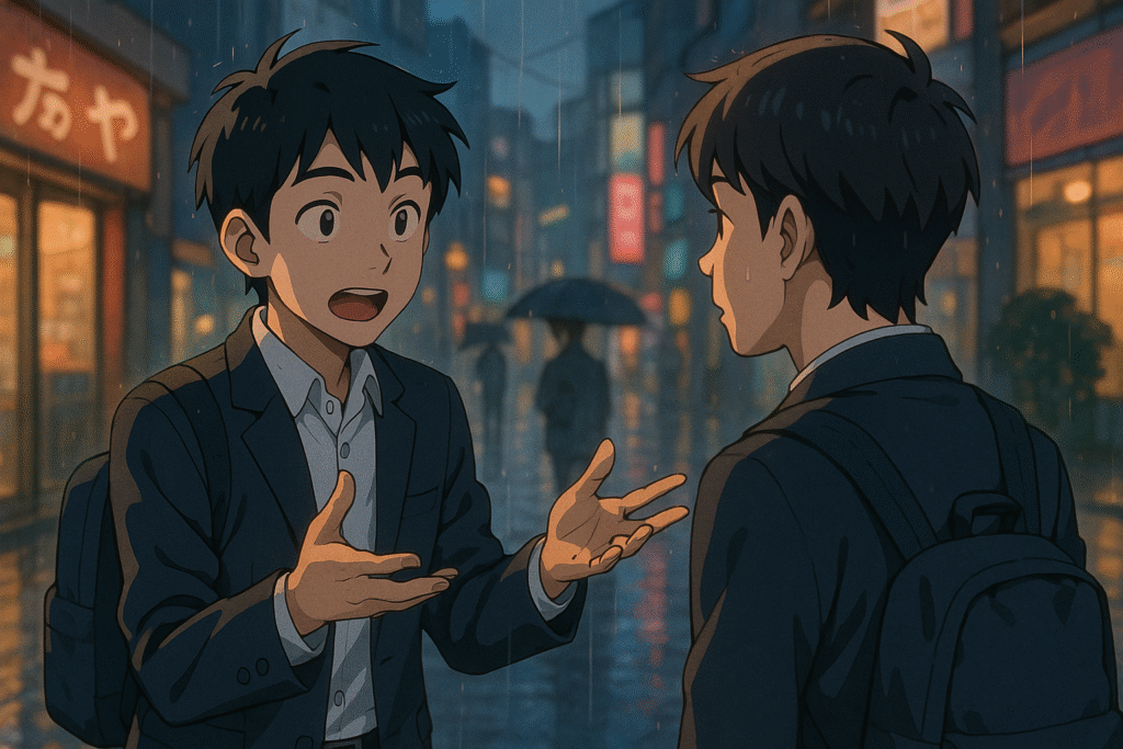Explore 'how to say because in Japanese' through this anime-style scene of a student passionately explaining under the rain in Tokyo, capturing the nuance of reasoning and expression in conversation.