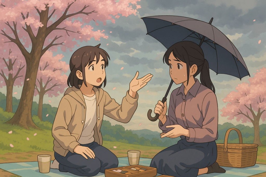 Explore the nuance of the Japanese conditional form with this peaceful anime-style scene of two friends mid-picnic, pausing to discuss changing weather under blooming sakura trees.