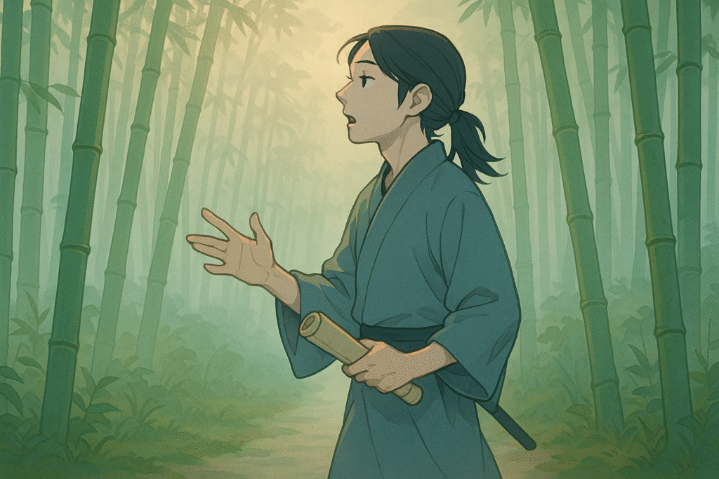 Explore the elegance of the Japanese zu form with this atmospheric anime-style scene of a lone figure reciting ancient poetry in a misty bamboo grove, embodying restraint and timeless expression.
