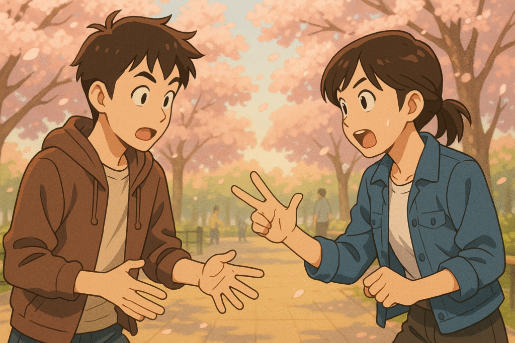 Experience the playful tension of 'rock paper scissors in Japanese' with this anime-style scene of two friends frozen mid-motion under cherry blossoms in a lively Tokyo park.