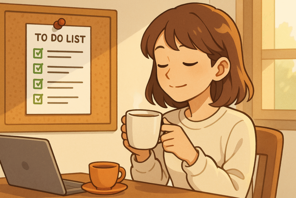 Understand the meaning of 'toori' in Japanese through this serene anime-style scene of a calm morning, where a to-do list is completed with quiet satisfaction and everything flows as expected.