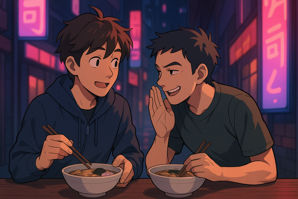 Learn how 'tte grammar' is used in Japanese casual speech through this vibrant anime-style illustration of two friends whispering secrets over ramen in a neon-lit Tokyo alley.